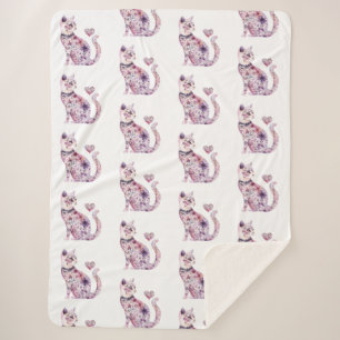 Cobertor Sherpa Aniversário de Gato Floral Corações Brancos Rosa R