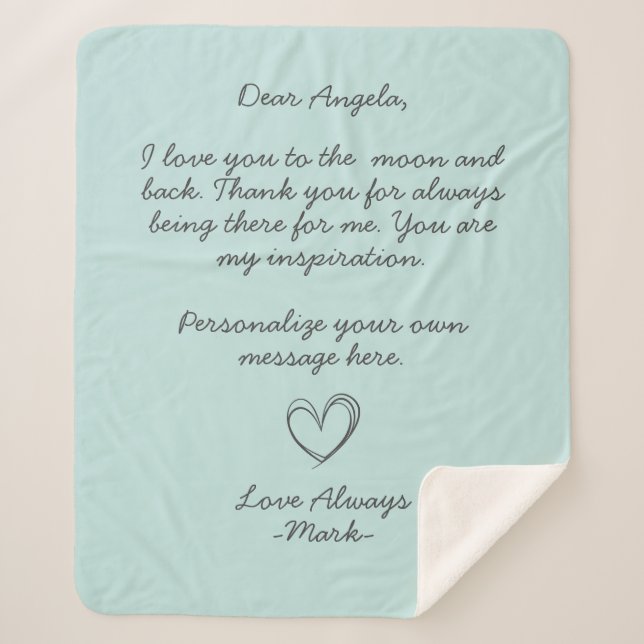 Cobertor Sherpa Aqua - Letra ou mensagem de amor manuscrita (Frente)