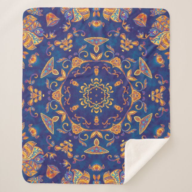 Cobertor Sherpa Aquarela Caleidoscópio Mandala Design Oriental. (Frente)