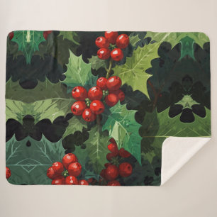 Cobertor Sherpa Aquarela de Natal folhas de bagas de azevinho botâ