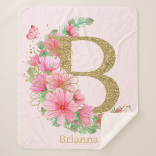 Cobertor Sherpa Aquarela Dourada e Monograma Floral Letra B