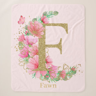 Cobertor Sherpa Aquarela Dourada e Monograma Floral Letra F