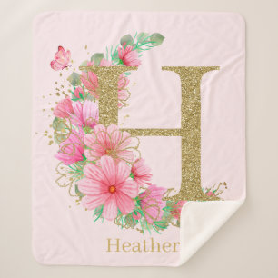 Cobertor Sherpa Aquarela Dourada e Monograma Floral Letra H