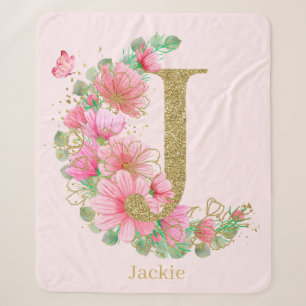 Cobertor Sherpa Aquarela Dourada e Monograma Floral Letra J
