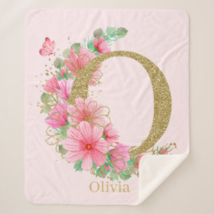 Cobertor Sherpa Aquarela Dourada e Monograma Floral Letra O