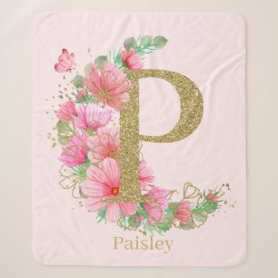 Cobertor Sherpa Aquarela Dourada e Monograma Floral Letra P