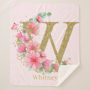 Cobertor Sherpa Aquarela Dourada e Monograma Floral Letra W