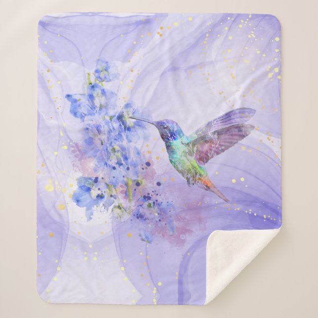 Cobertor Sherpa Aquarela Hummingbird Flores de Jardim Azul Roxo (Frente)
