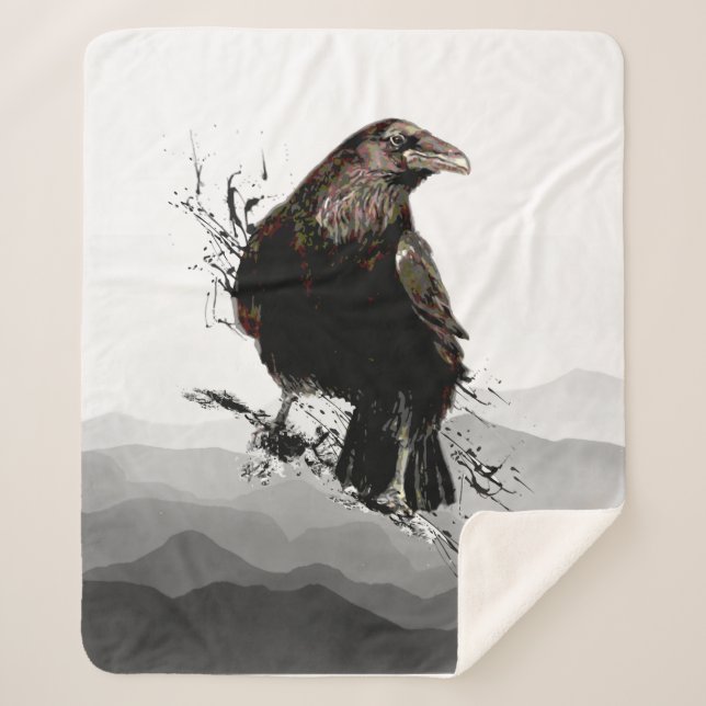 Cobertor Sherpa Aquarela Raven Bird Natureza (Frente)