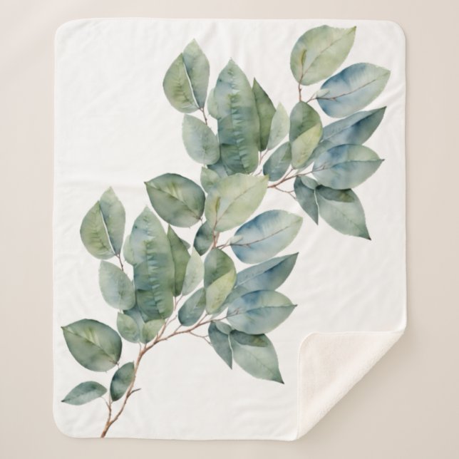 Cobertor Sherpa Aquarelas eucalyptus com vegetação macia (Frente)