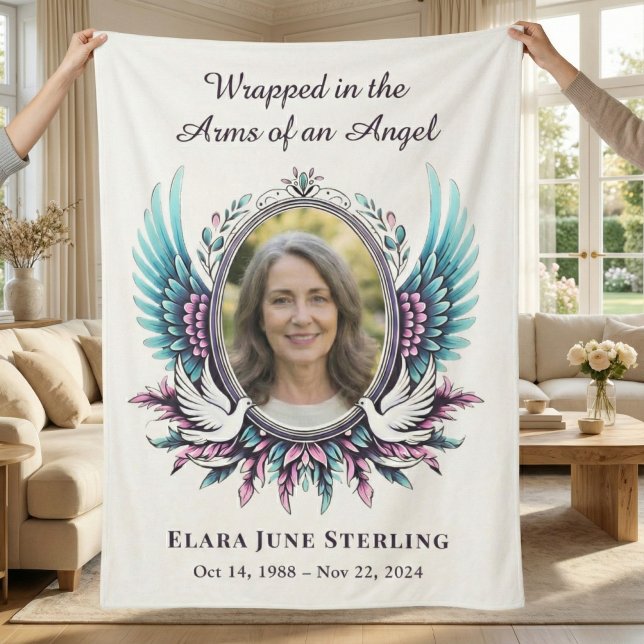 Cobertor Sherpa Arms of an Angel Memorial Suicide Loss Teal Purple (Custom Angel Suicide Loss Memorial, Personalized Photo Throw Blanket)