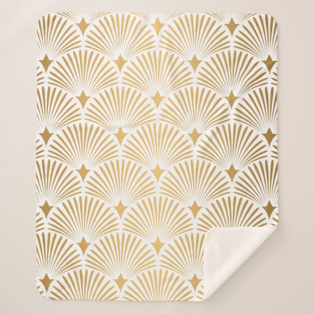 Cobertor Sherpa Art Deco Pattern. Serralheiro branco e dourado (Frente)