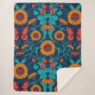 Cobertor Sherpa Art Nouveau daisie em azul e amarelo