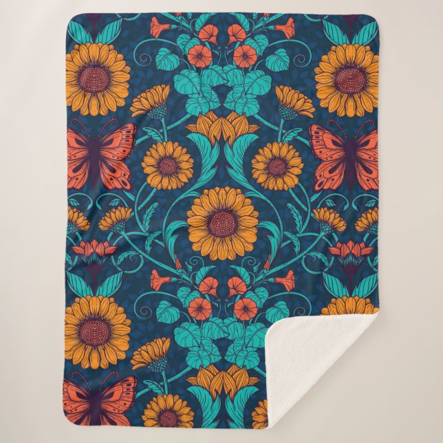Cobertor Sherpa Art Nouveau daisie em azul e amarelo (Frente)