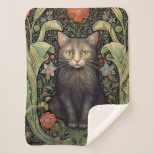 Cobertor Sherpa Art nouveau gato preto e flores vermelhas