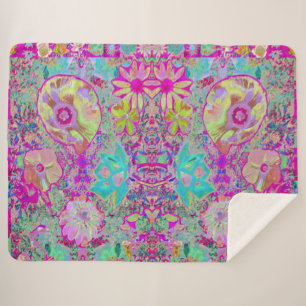 Cobertor Sherpa Arte de Jardim Psikedélico Abstrato Magenta e Aqua
