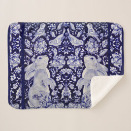 Cobertor Sherpa Arte Floral do Marinho das Aves do Coelho Azul e B