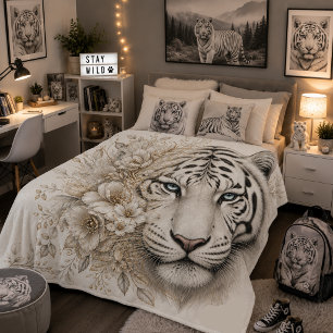 Cobertor Sherpa Arte Floral do Tigre Branco com Olhos Azuis
