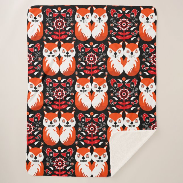 Cobertor Sherpa Arte Folclórica da Raposa Escandinava (Frente)