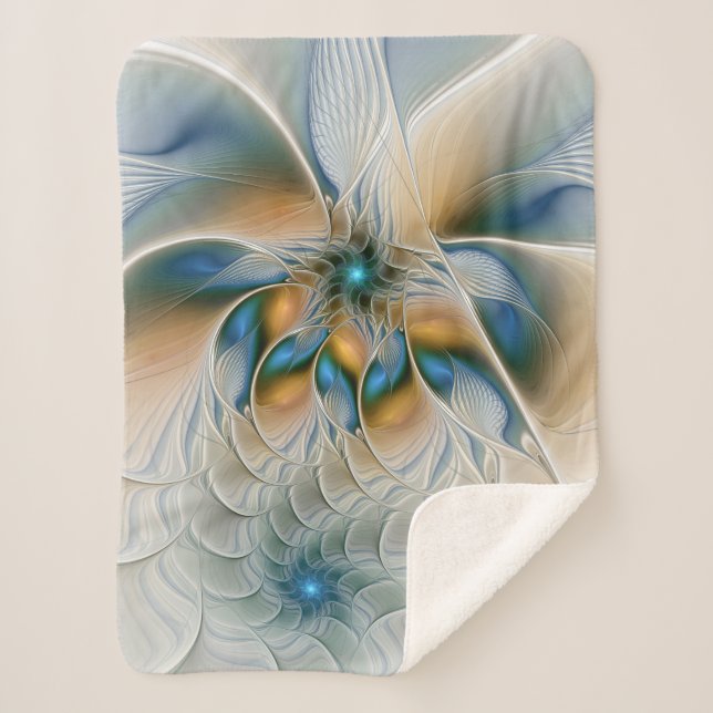 Cobertor Sherpa Arte Fractal, Abstrato Fantasia, Com Azul (Frente)