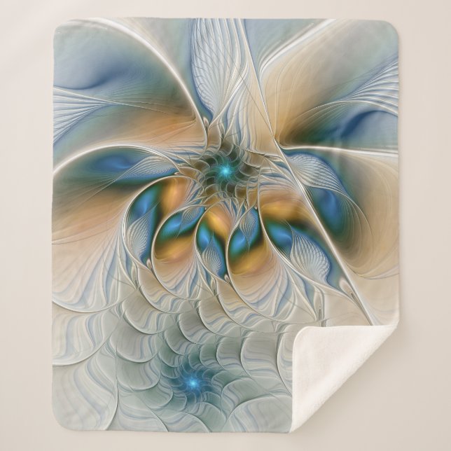 Cobertor Sherpa Arte Fractal, Abstrato Fantasia, Com Azul (Frente)