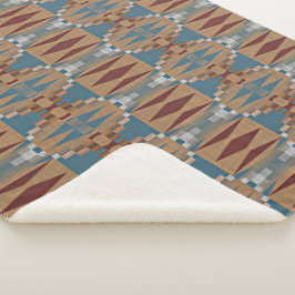Cobertor Sherpa Arte Mosaica Tribal Vermelha Escura Azul Taupe Cas