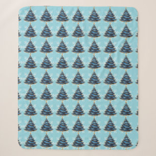 Cobertor Sherpa Árvore Artística de Natal Azul Dourado Flocos de N