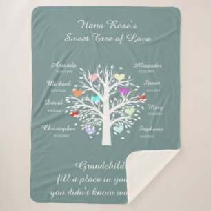 Cobertor Sherpa Árvore avó (corações), branco/azul, 8 nomes e 