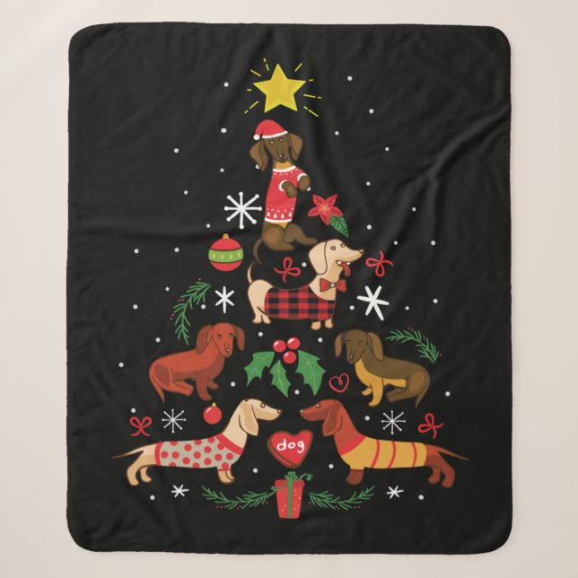 Cobertor Sherpa Árvore de Natal Engraçado Dachshund (Frente)