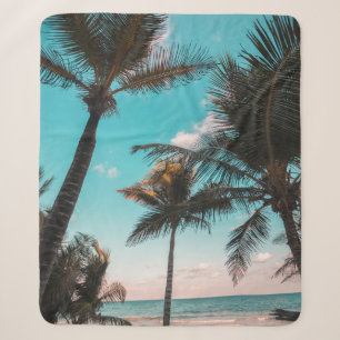 COBERTOR SHERPA ÁRVORE DE PALMAS TROPICAIS RETRO PELA PRAIA