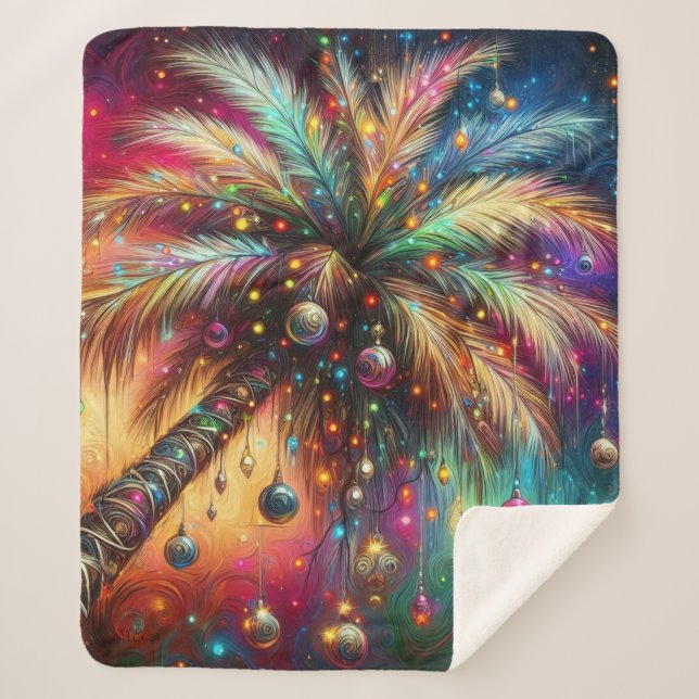 Cobertor Sherpa Árvore Tropical de Natal Whimsso Vivid (Frente)