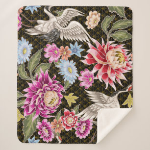 Cobertor Sherpa Asters Cranes: Estilo Japonês Pintado Sem Costura