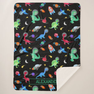 Cobertor Sherpa Astronautas Dinossauros Aquarela No Espaço Preto
