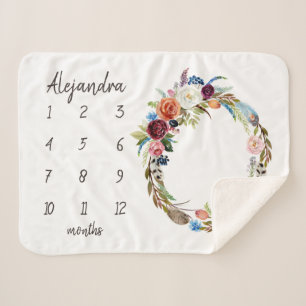 Cobertor Sherpa Autumn Boho Blooms Monograma Baby Milestone Foto
