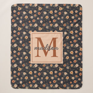 Cobertor Sherpa Autumn Dark Moody Terracotta Floral Monograma