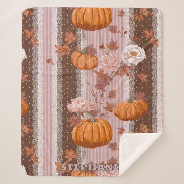 Cobertor Sherpa Autumn Pumpkins & Floral Lace Sem Costura (Frente)