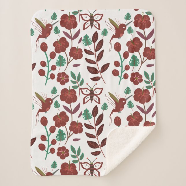 Cobertor Sherpa Aves e borboletas, sem costura, de tipo floral (Frente)