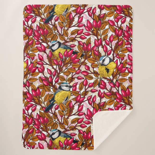 Cobertor Sherpa Aves e rosa de cães (Frente)