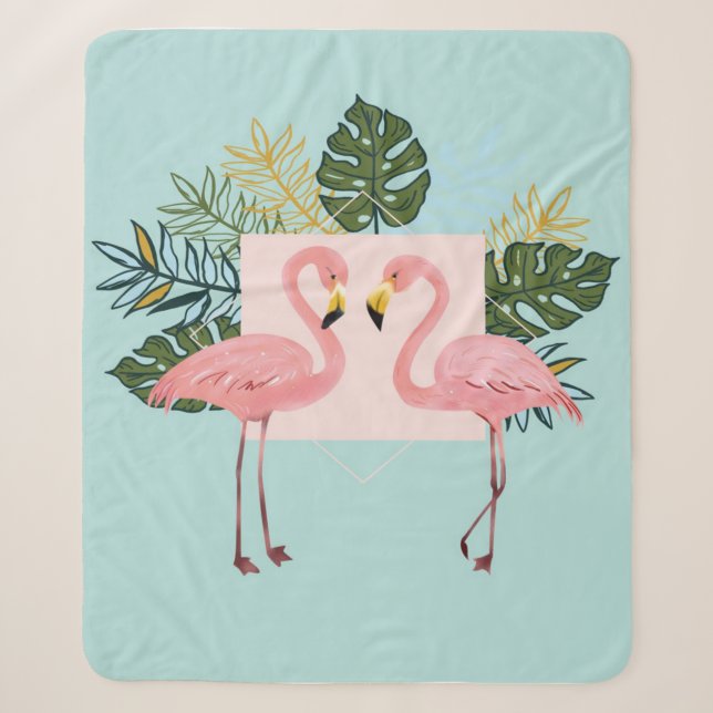 Cobertor Sherpa Aves Flamingo Com Folhas | Folhas Flamingo Palm (Frente)