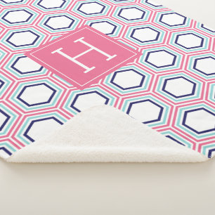 Cobertor Sherpa Azul-aqua rosa e padrão azul monograma