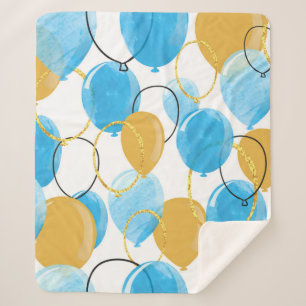 Cobertor Sherpa Azul-aquarela e balões de ouro com brilho