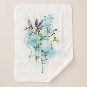 Cobertor Sherpa Azul Aquarela Pastel Floral