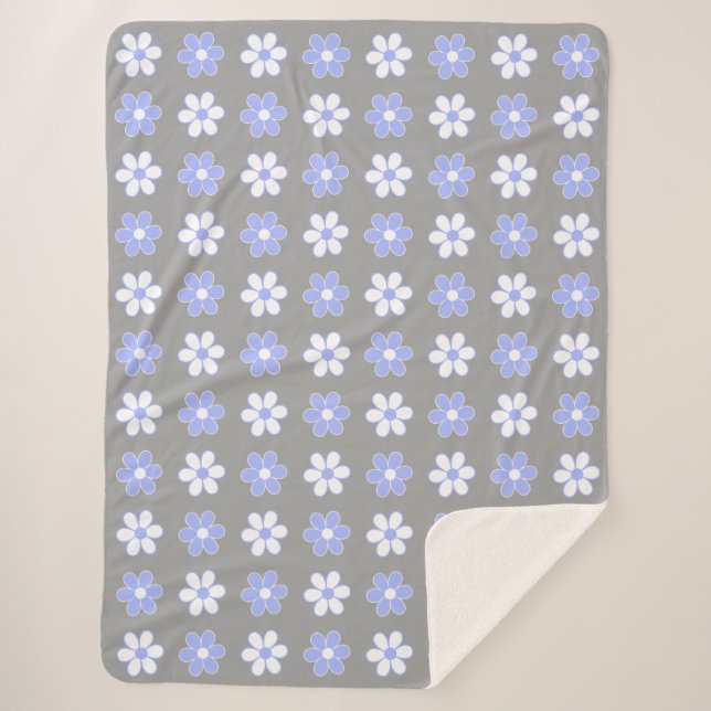 Cobertor Sherpa Azul Céu e Flores Brancas sobre Cinza Prata (Frente)