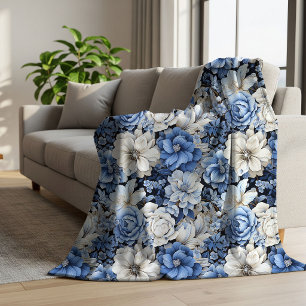 Cobertor Sherpa Azul Chic Branco Marfim Floral Aconchegante Fleece