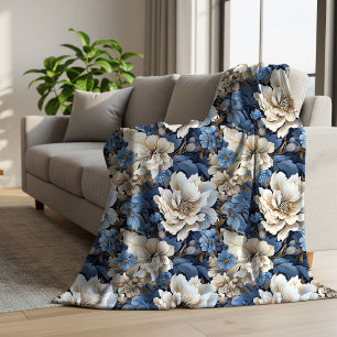 Cobertor Sherpa Azul Clássico Sherpa Quente Floral Marfim Branco