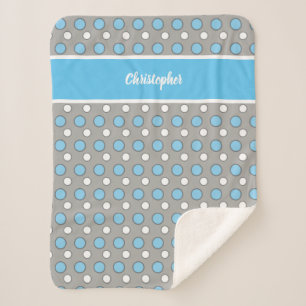 Cobertor Sherpa Azul e cinzas com bolinhas e nome