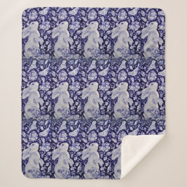 Cobertor Sherpa Azul e Coelho Branco Bird Floral Chinoiserie