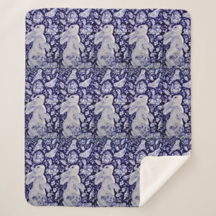 Cobertor Sherpa Azul e Coelho Branco Bird Floral Chinoiserie