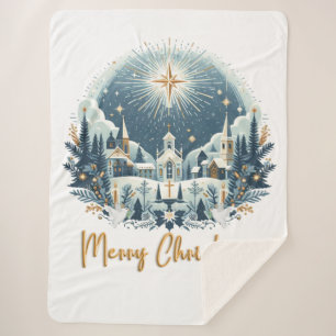 Cobertor Sherpa Azul Feliz Natal e ouro