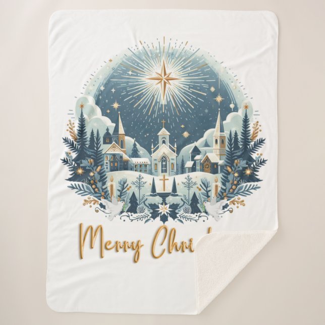 Cobertor Sherpa Azul Feliz Natal e ouro (Frente)